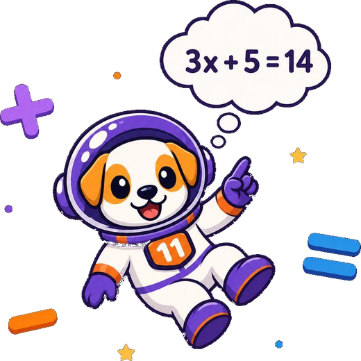 Coach Max floating in space, pointing at a maths equation in his thought bubble