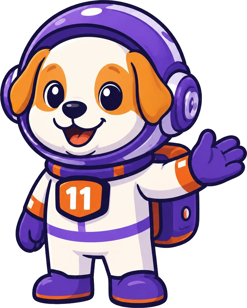 Coach Max, the 11max astronaut puppy, waving