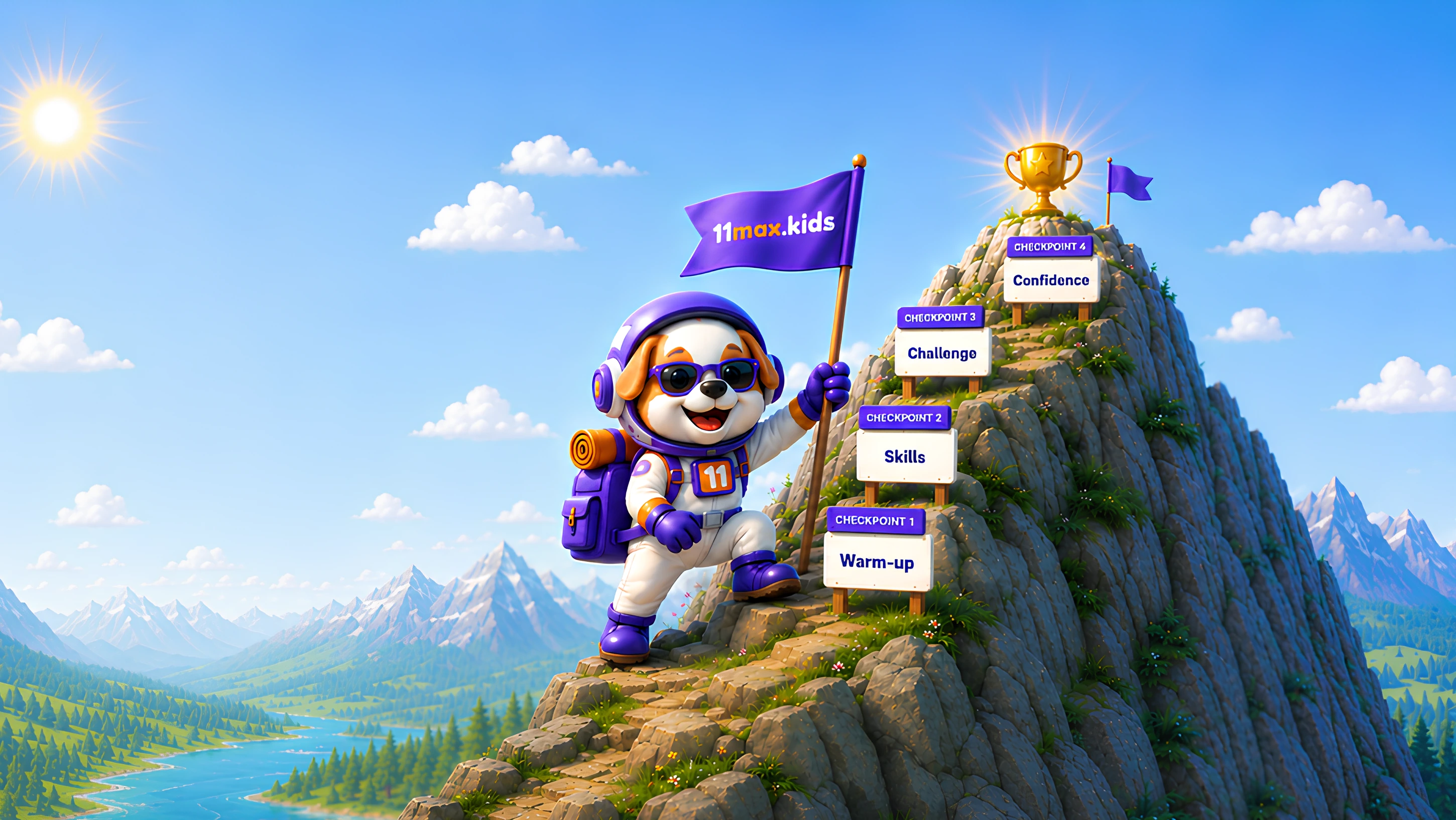 Coach Max plants the 11max.kids flag as he climbs a summit past four checkpoints (warm-up, skills, challenge, confidence) towards the trophy